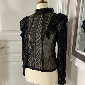 Black lace puff sleeve blouse